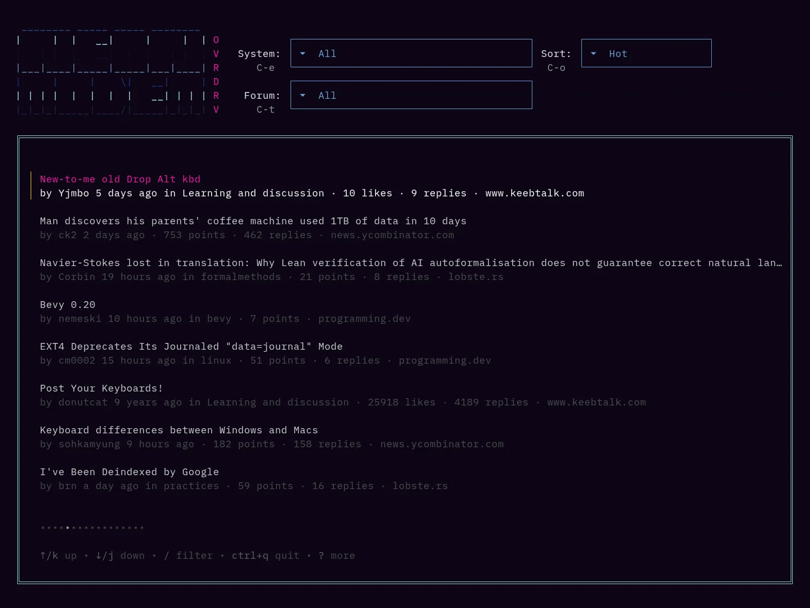 The feed in a dark terminal, sorted by Hot: posts from KeebTalk, Hacker News, lobste.rs and programming.dev, each with its author, age, forum, points, replies and system.
