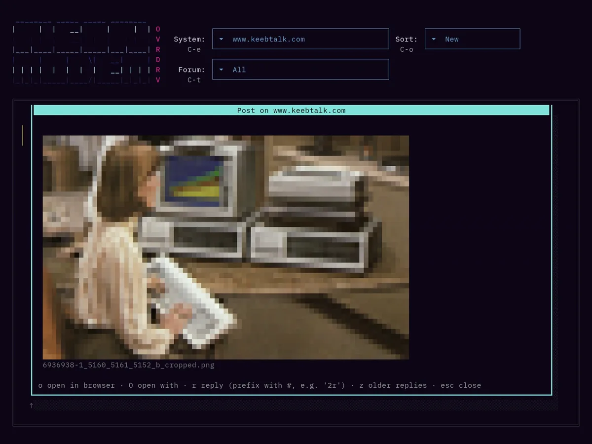 A KeebTalk post scrolled to a photo of an IBM PC, drawn in colored half blocks, with its file name below it as the caption.