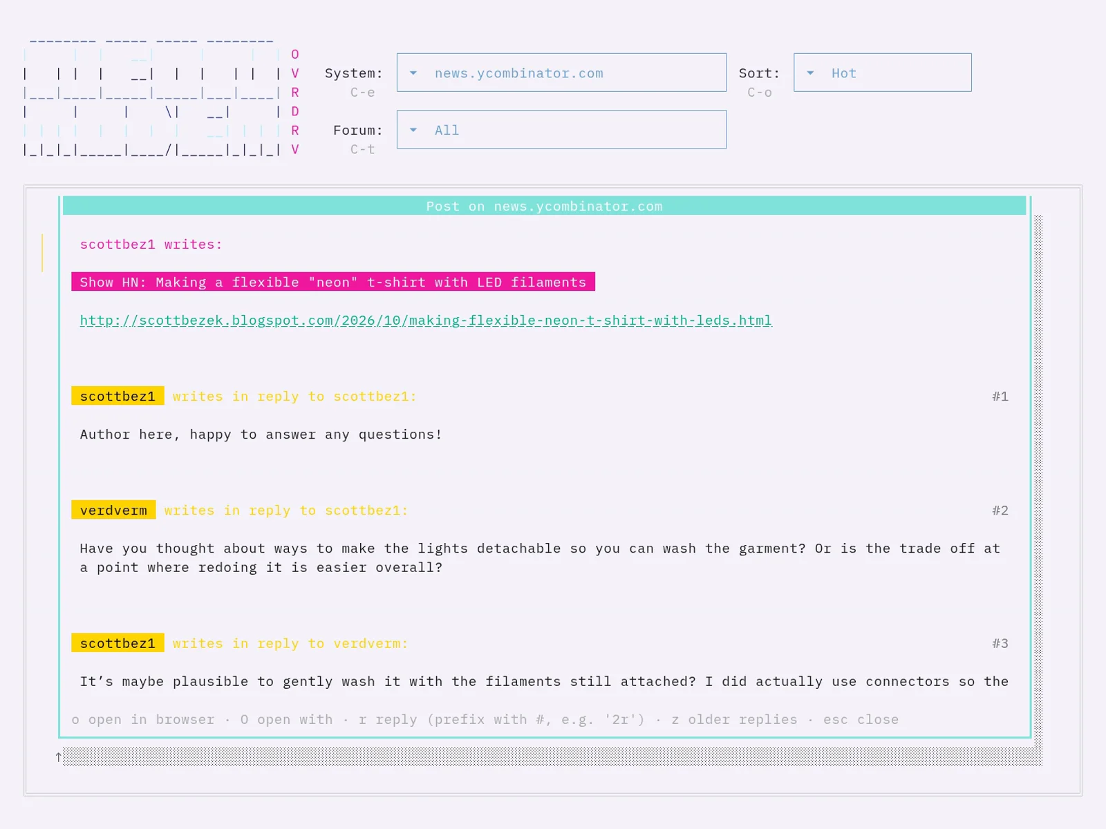 The Hacker News thread in a terminal with a light background.