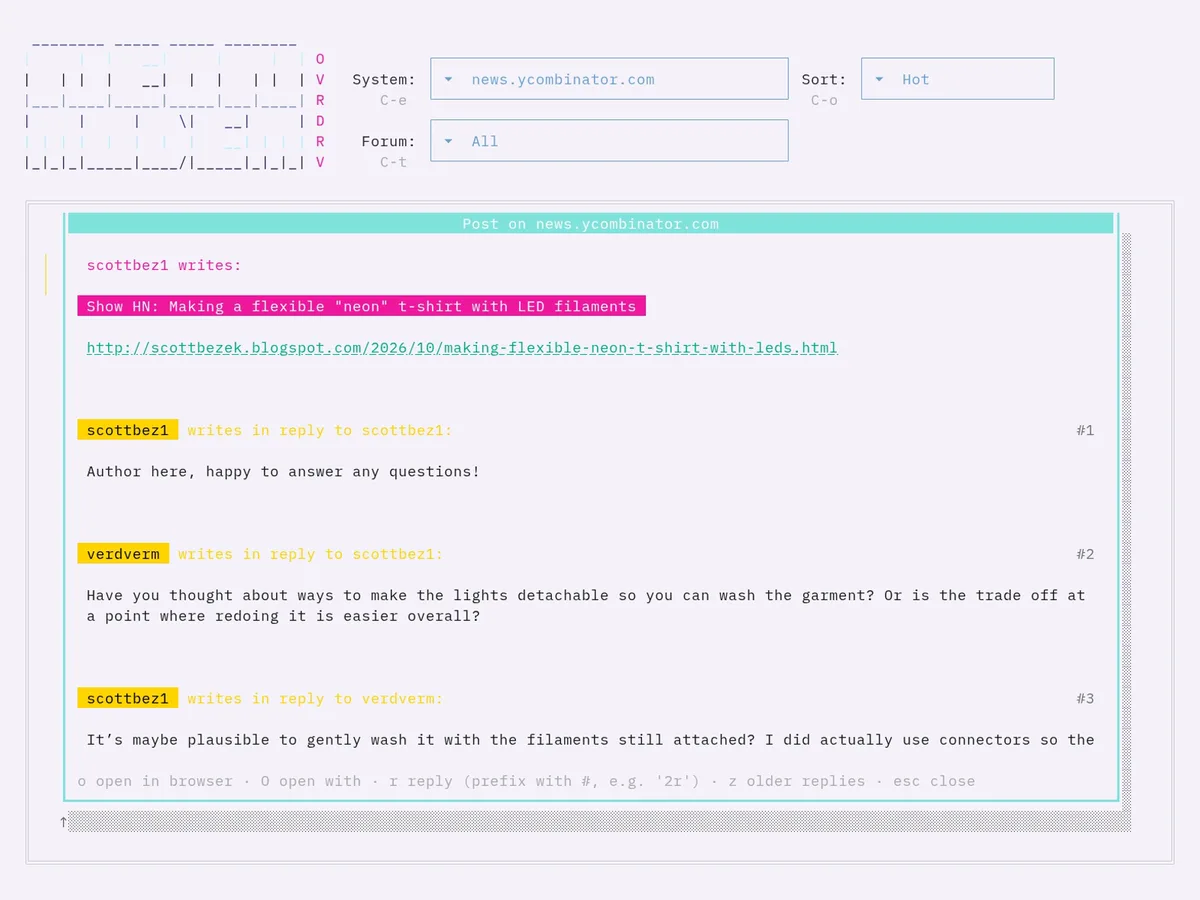 The Hacker News thread in a terminal with a light background.