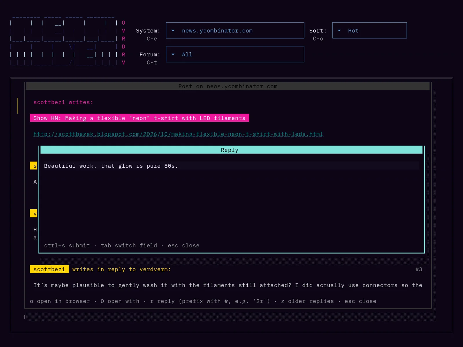 The reply window over the Hacker News thread, with a reply typed into it.