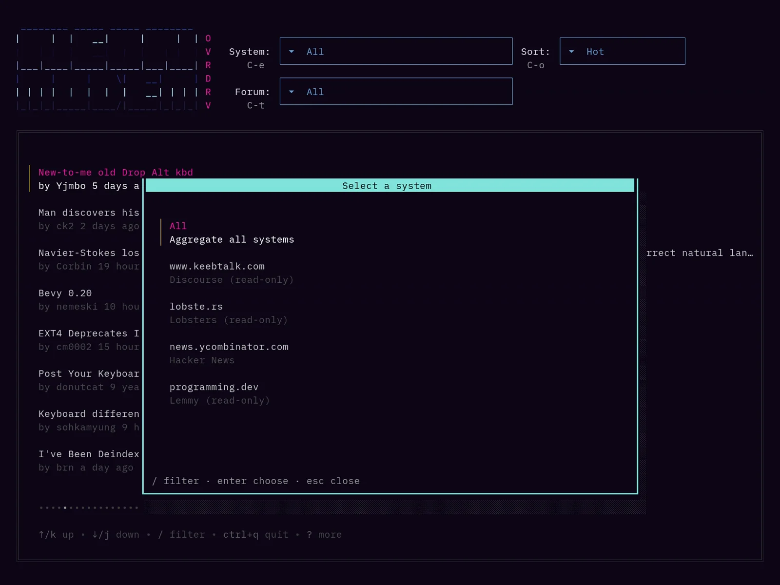 The system picker listing All, www.keebtalk.com, lobste.rs, news.ycombinator.com and programming.dev.