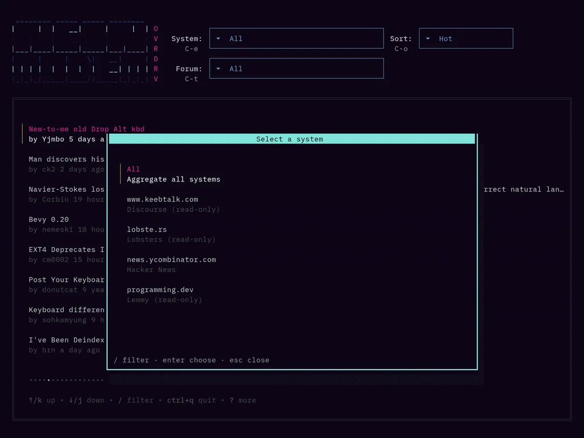 The system picker listing All, www.keebtalk.com, lobste.rs, news.ycombinator.com and programming.dev.