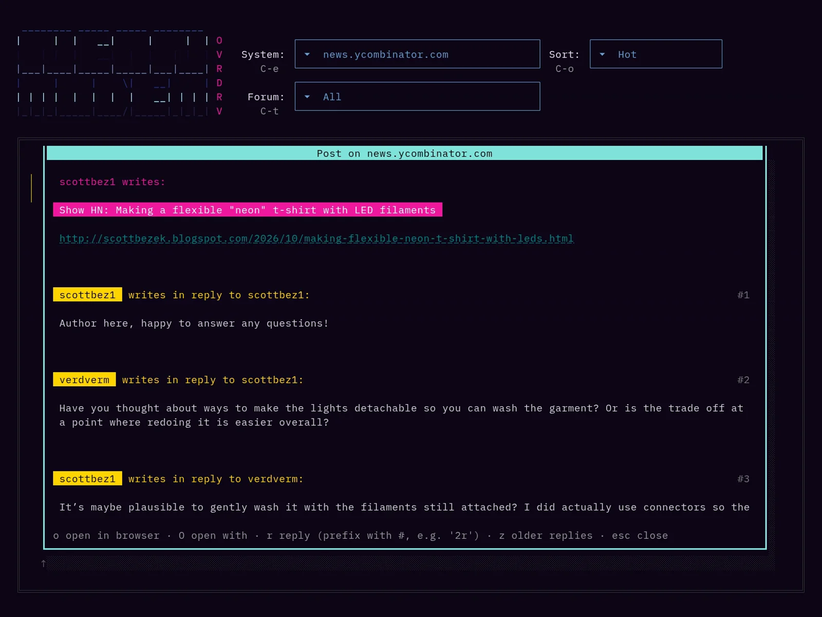 A Hacker News thread in the post window: the link post Show HN: Making a flexible "neon" t-shirt with LED filaments and its replies, numbered #1 to #3.
